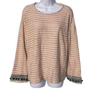 Style & Co Sweater Women's Sz M Apricot and Gray Boho Pom Pom Long Sleev…